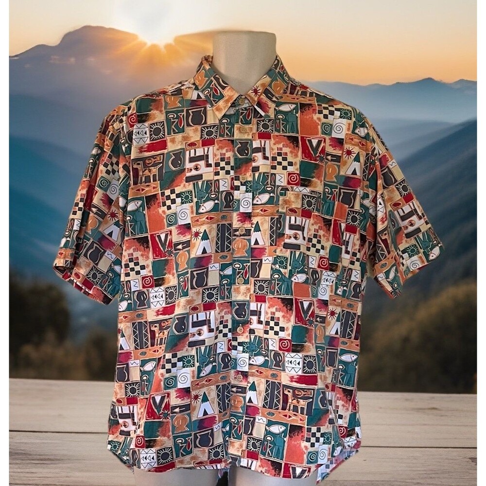 Vtg Woolrich Mens Aztec Southwest Tribal Button Up Cotton Short Sleeve Shirt L